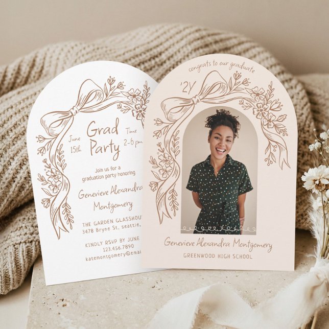 Invitation Hand Drawn Floral Bow Arch Photo Graduation Party (Hand Drawn Floral Bow Arch Photo Graduation Party Invitation)