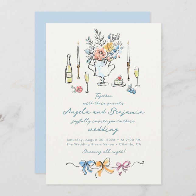 Invitation Hand Drawn Illustrations Whimsical French Wedding (Devant / Derrière)