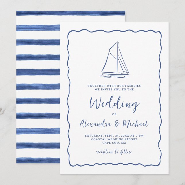 Invitation Hand Drawn Nautical Sailboat Navy Blue Wedding (Devant / Derrière)