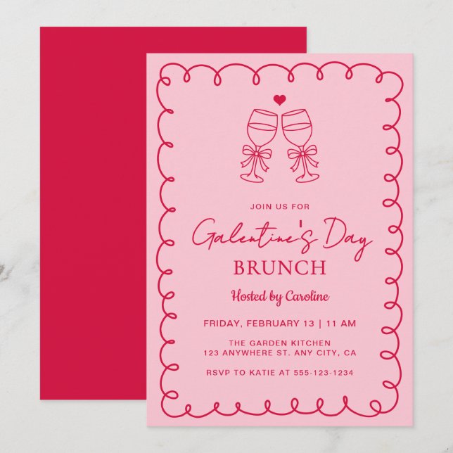 Invitation Hand Drawn Pink Red Galentine's Day Brunch (Devant / Derrière)