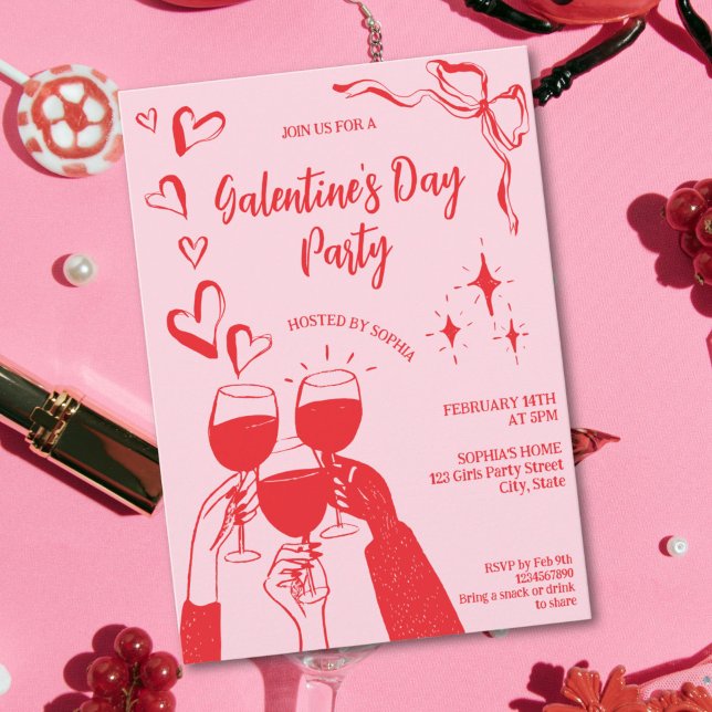 Invitation Hand Drawn Pink Red Galentine's Day Cocktail Party (Cocktail party galentine's day )