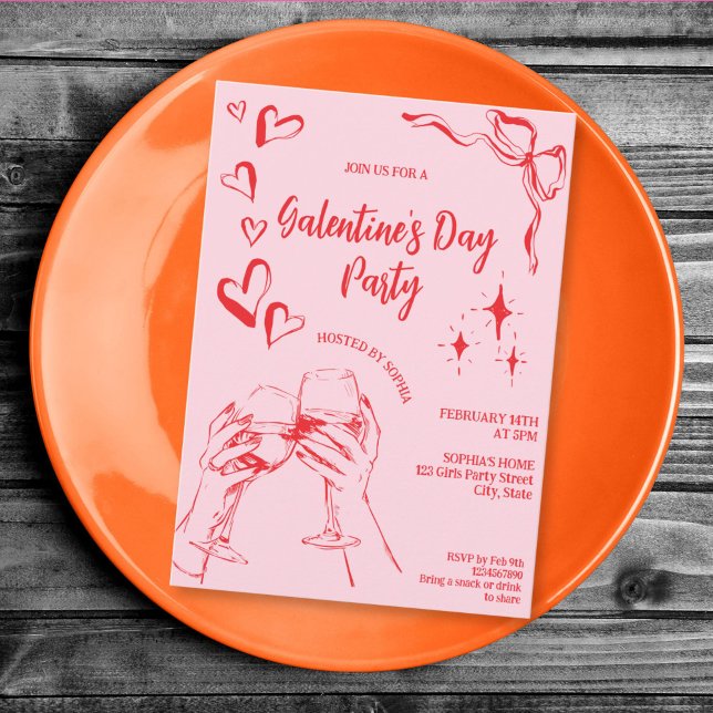 Invitation Hand Drawn Pink Red Galentine's Day Cocktail Party (hand drawn whimsical red and pink Galentine's party)