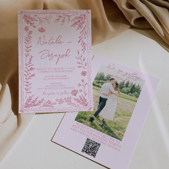 Invitation Hand Drawn QR Code Floral Garden Photo Wedding (Créateur téléchargé)