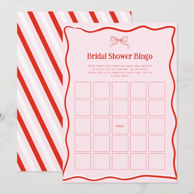 Invitation Hand Drawn Red Pink Bow Bridal Shower Bingo Game (Devant / Derrière)