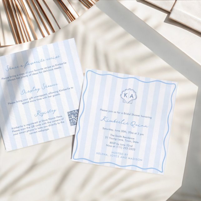 Invitation Hand-Drawn Seashell Monogram Coastal Bridal Shower (Modern hand-drawn seashell monogram double-sided coastal blue and white bridal shower invitation)