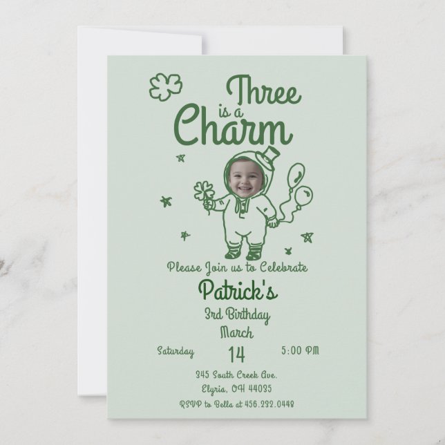 Invitation Hand Drawn Shamrock Any Age with Photo Birthday (Devant)