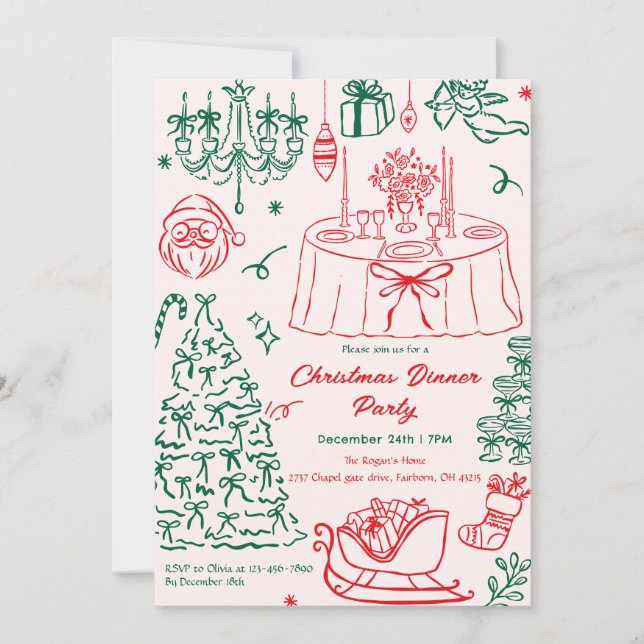 Invitation Hand Drawn Squiggle Doodles Christmas Party Invita (Devant)