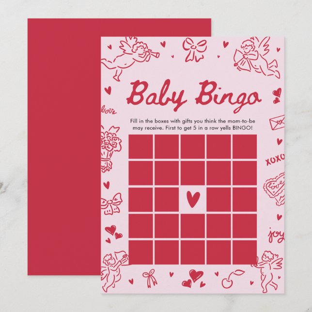 Invitation Hand Drawn Valentine Baby Bingo Baby Shower Game (Devant / Derrière)