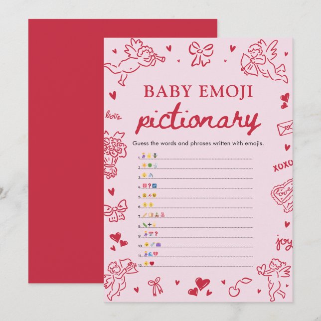 Invitation Hand Drawn Valentine Baby Emoji Pictionary Game (Devant / Derrière)