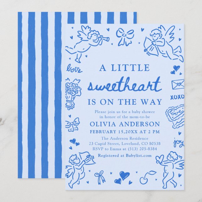 Invitation Hand Drawn Valentine Little Sweetheart Baby Shower (Devant / Derrière)