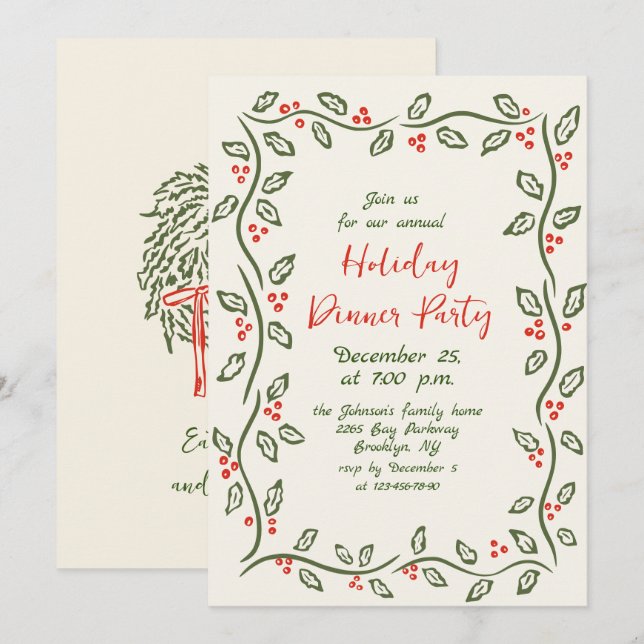 Invitation Hand Drawn Whimsical Christmas Holiday Dinner Invi (Devant / Derrière)