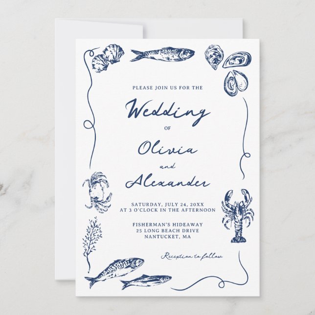 Invitation Hand Drawn Whimsical Coastal Navy Blue Wedding (Devant)