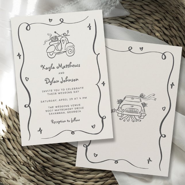 Invitation Hand Drawn Whimsical Doodles Wavy Frame Wedding (Available in both printed and instant download digital formats.)