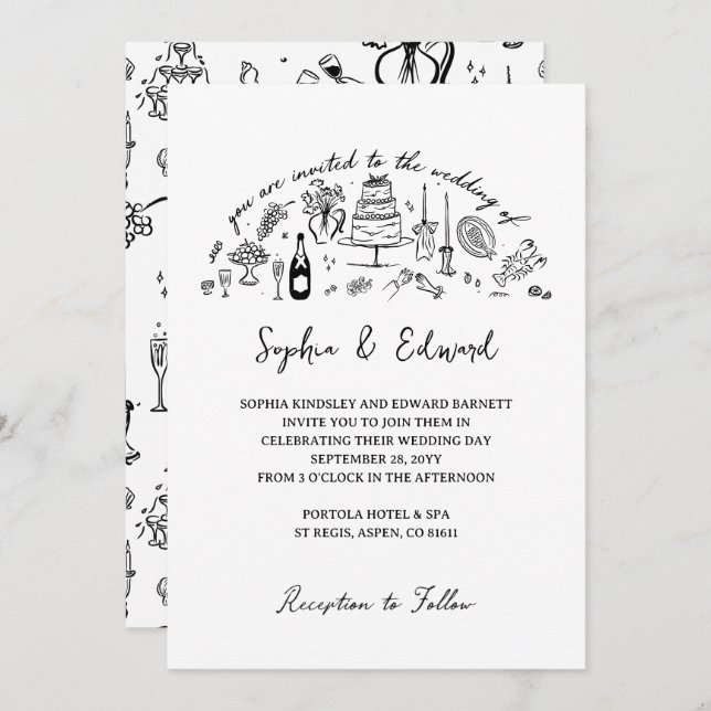 Invitation Hand-drawn whimsical line art wedding style (Devant / Derrière)