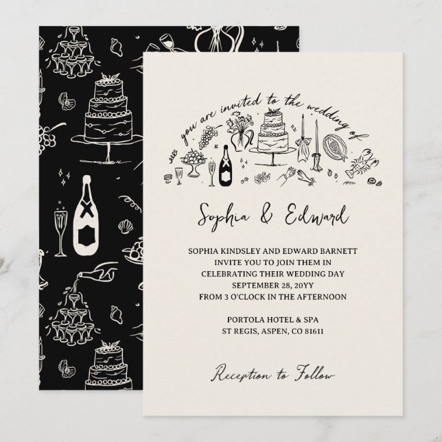 Invitation Hand-drawn whimsical line art wedding style (Devant / Derrière)