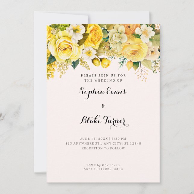 Invitation Hanging Fleurs Jaunes Blush Garden Mariage (Devant)
