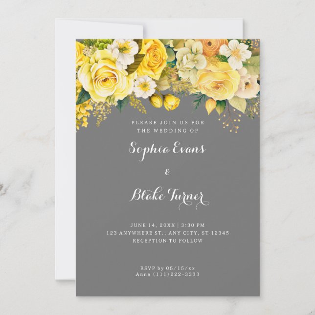 Invitation Hanging Fleurs Jaunes Gris Mariage dans le jardin (Devant)