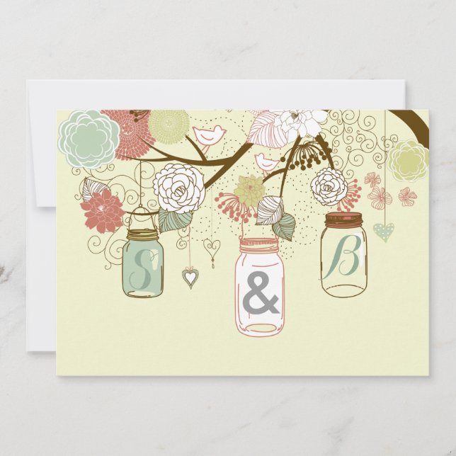 Invitation Hanging Mason Jar & Retro Fleurs Mariage Inviter (Devant)