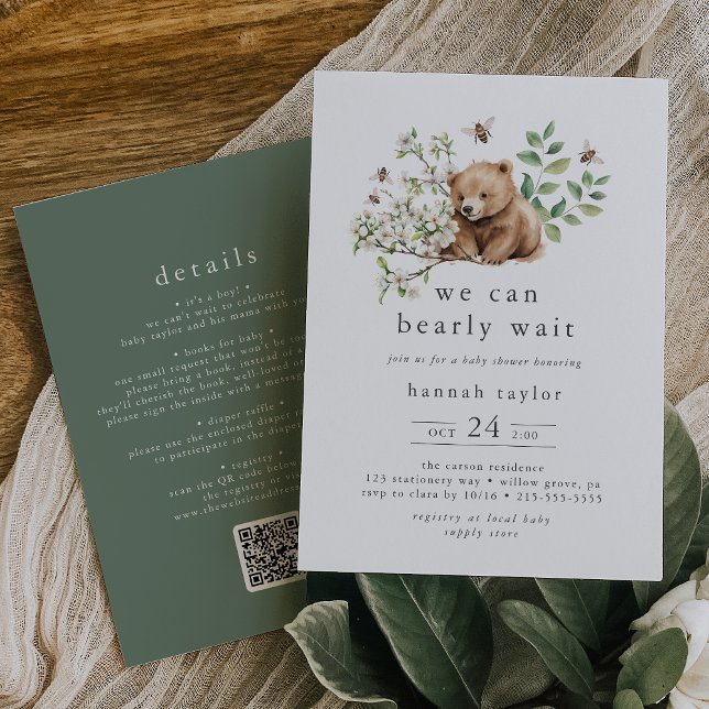 Invitation HANNAH QR Nous pouvons attendre le Baby shower des (HANNAH QR We Can Bearly Wait Woodland Baby Shower Invitation)