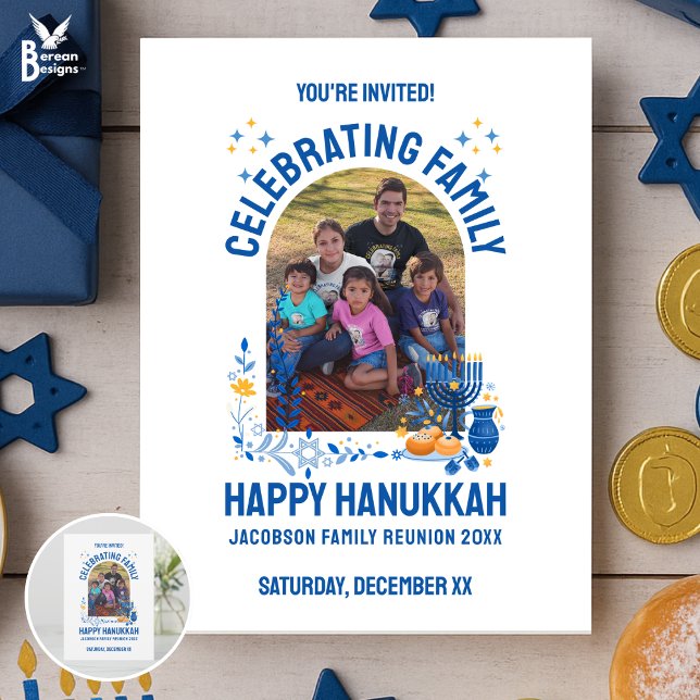 Invitation HANOUKKA FAMILY REUNION Photo personnalisable (Invitation for Jewish family reunion to celebrate Hanukkah together Matching shirts, gifts, supplies)