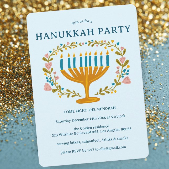 Invitation HANOUKKA PARTY Menorah couronne florale CUSTOM (HANUKKAH PARTY Menorah floral wreath CUSTOM Invitation
)