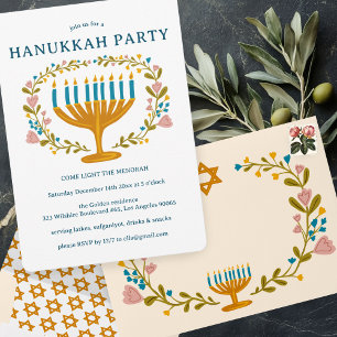 Invitation HANOUKKA PARTY Menorah couronne florale CUSTOM