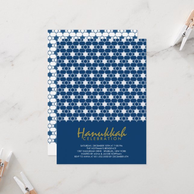Invitation Hanoukka Stars Of David Motif Blue Holiday Party (Devant/Arrière en situation)