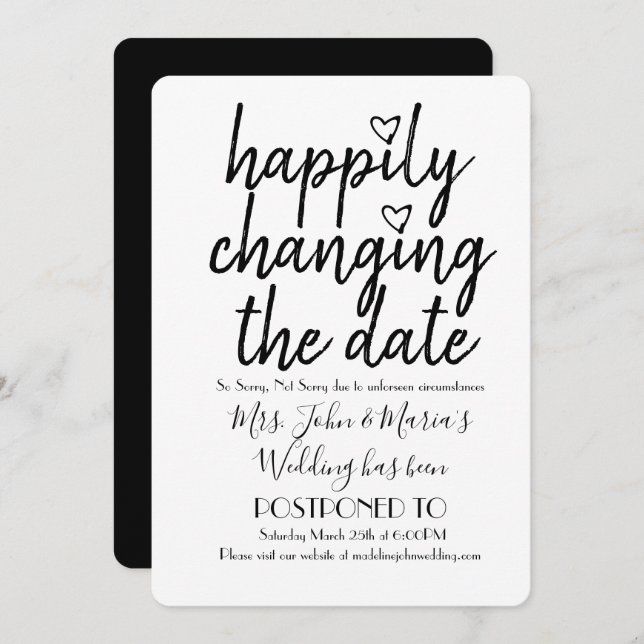 Invitation Happily Changing Date Mariage Date Noir Blanc (Devant / Derrière)