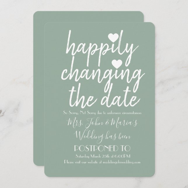 Invitation Happily Changing Date Mariage Sage Green (Devant / Derrière)