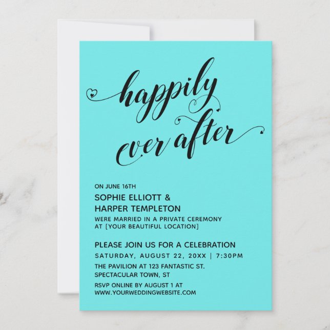 Invitation Happily Ever After Hearts Script Réception Aqua (Devant)