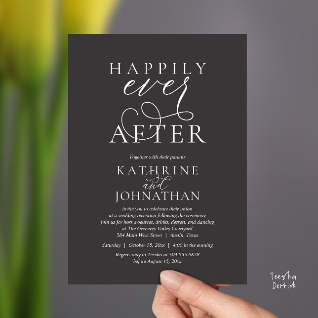 Invitation Happily Ever After, Modern Wedding Reception (Happily Ever After, Modern Wedding Reception hors d'oeuvres Drinks Dancing Invites Card Charcoal)