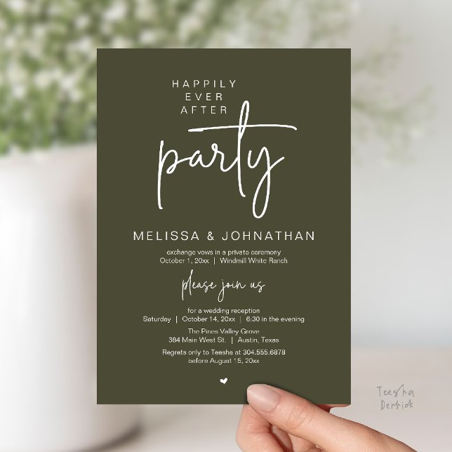 Invitation Happily Ever After Party, Modern Wedding Reception (Happily Ever After Party, Modern Wedding Reception Dinner Invitation Card in Olive Green)
