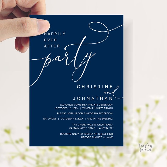 Invitation Happily Ever After Party Romantic Weds Reception (Happily Ever After Party Romantic Weds Reception Invitation Card in Navy Blue)
