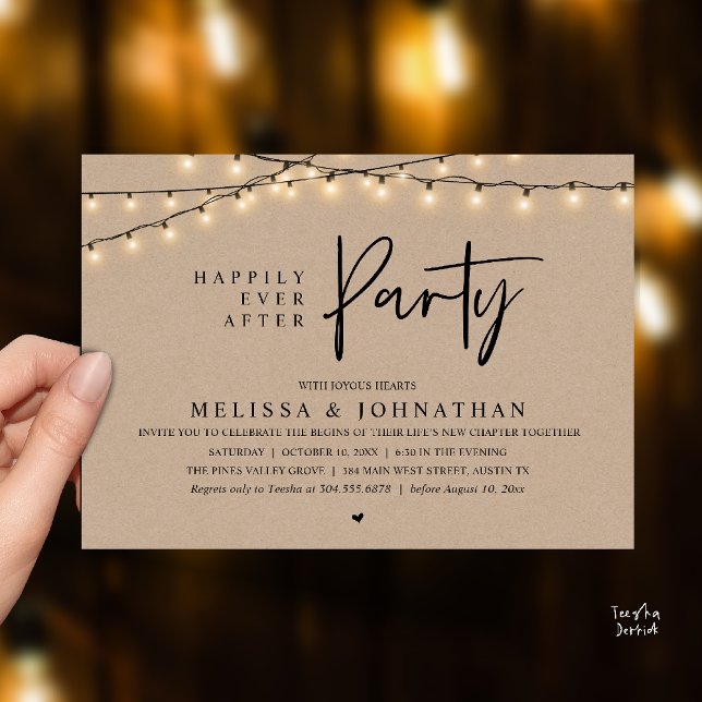 Invitation Happily Ever After Party, Rustic String Lights (Happily Ever After Party, Rustic Wedding String Lights Invitation card, Reception Brown Kraft )