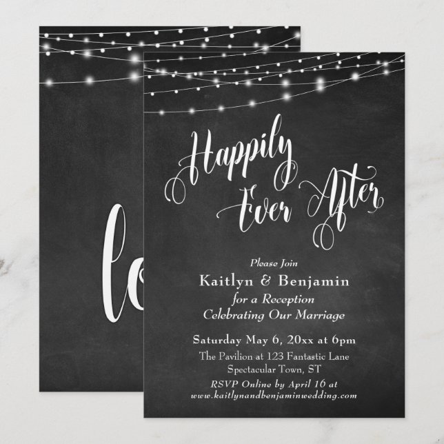 Invitation Happily Ever After Typographie Tableau Noir Lumièr (Devant / Derrière)