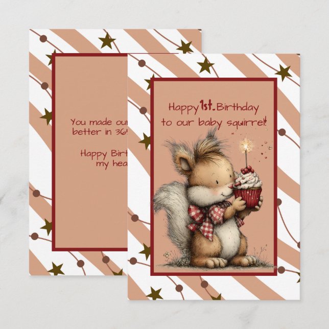 Invitation Happy 1st. Birthday to Our Baby Squirrel (Devant / Derrière)