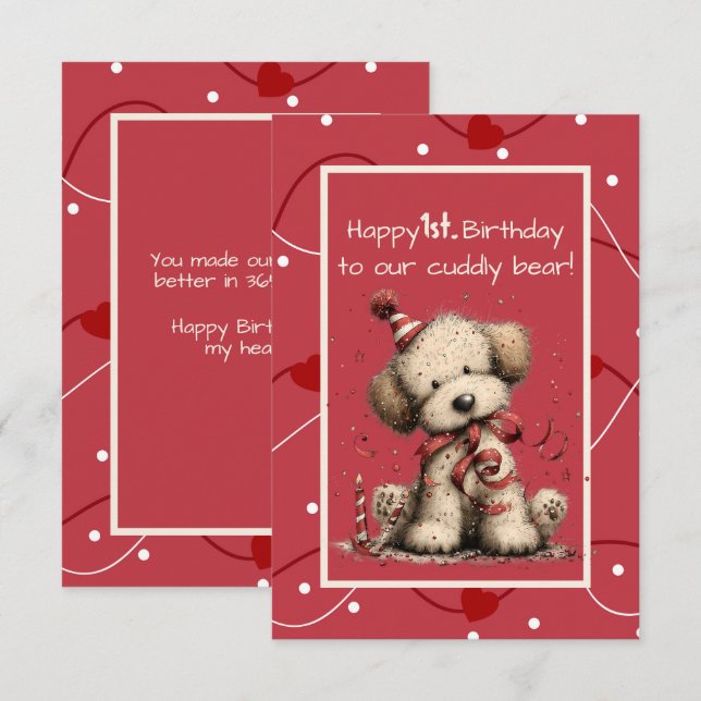 Invitation Happy 1st. Birthday to Our Cuddly Bear (Devant / Derrière)