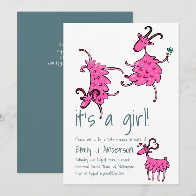 Invitation Happy Baby shower rose chèvre manuscrit (Devant / Derrière)