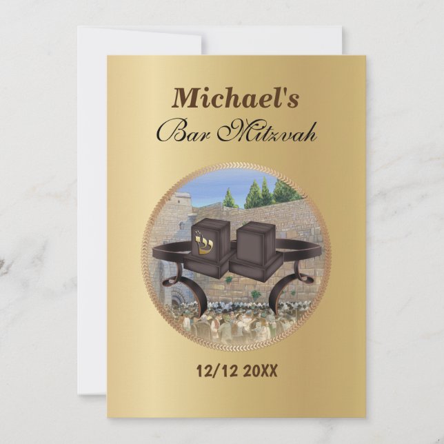 Invitation Happy Bar Mitzvah Jerusalem Kotel Tefillin Gold (Devant)