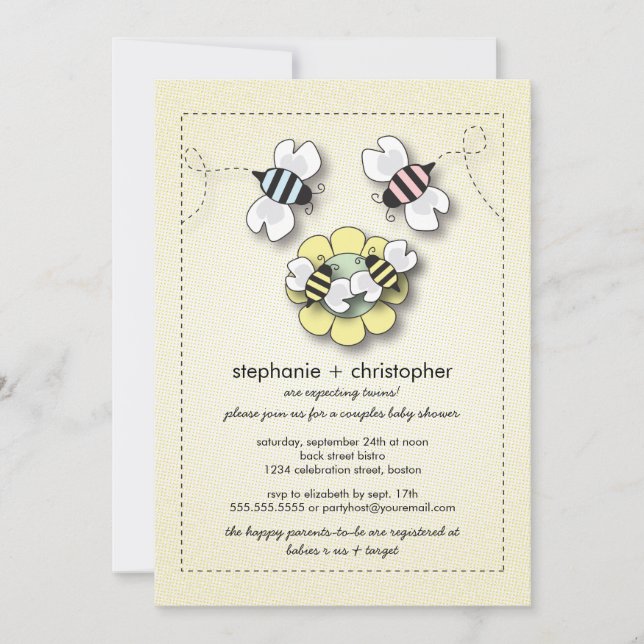 Invitation Happy Bee Famille Couples Baby shower jumeaux (Devant)