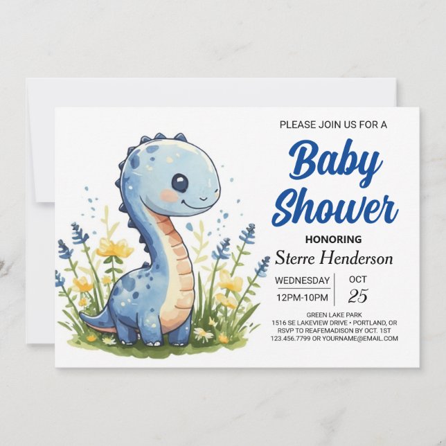 Invitation Happy Blue Funny Dinosaur Boy Baby shower (Devant)