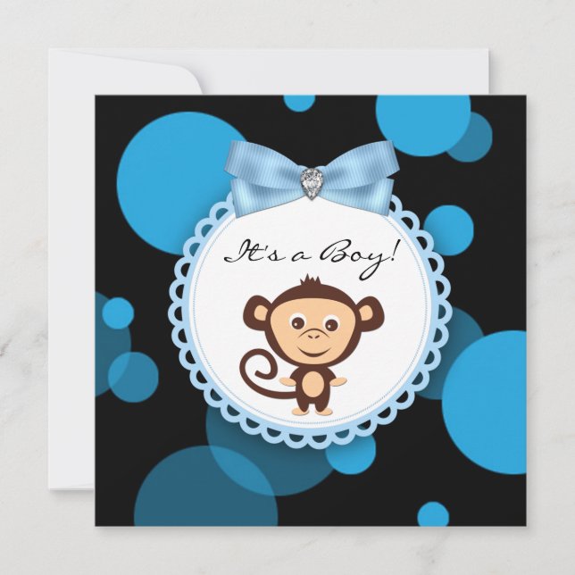 Invitation Happy Blue Monkey Baby shower (Devant)