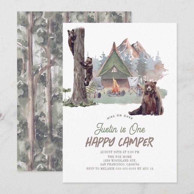 Invitation Happy Camper Mountain Bears Boy 1er anniversaire (Devant / Derrière)