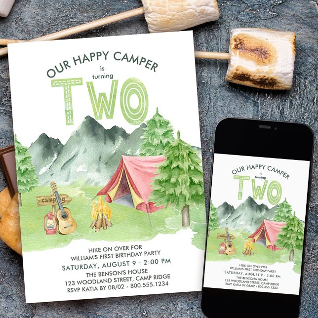 Invitation Happy Camper Watercolor Boys 2e anniversaire (Camping themed 2nd birthday invitation for your happy camper)