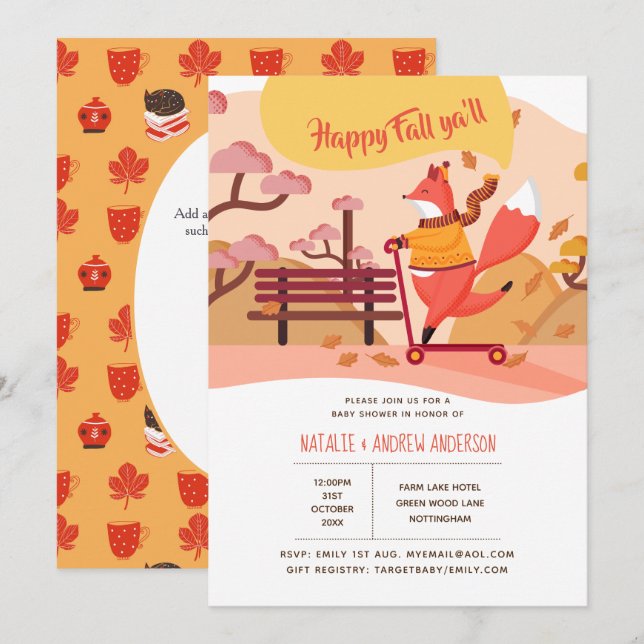 Invitation Happy Fall Ya'll Fox Hygge Folk Art Baby shower (Devant / Derrière)