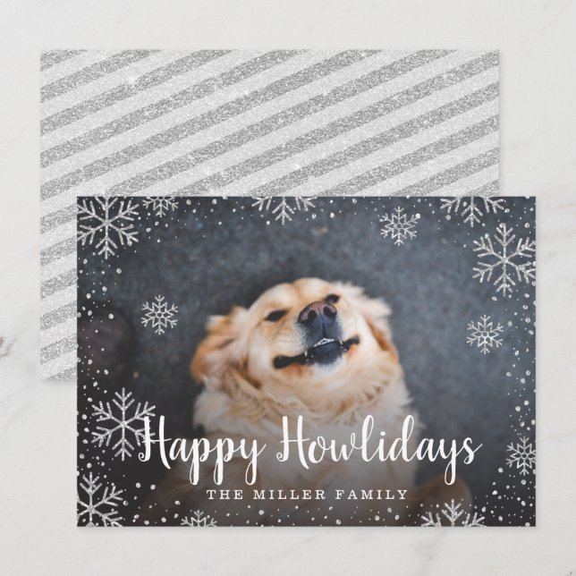 Invitation Happy Howlidays Silver Snowflakes Pet Photo (Devant / Derrière)