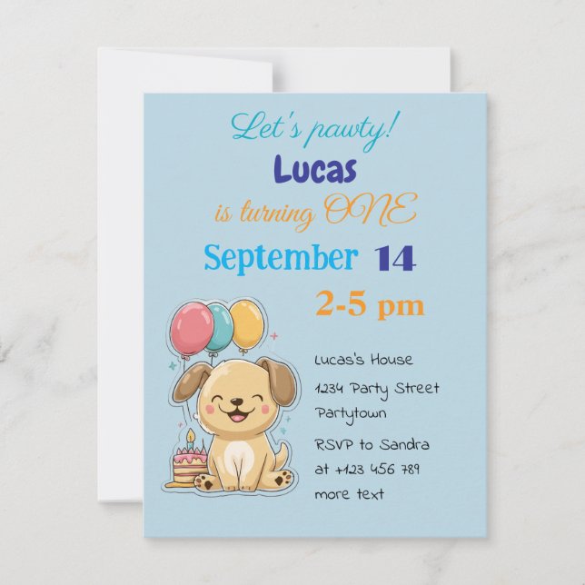 Invitation Happy Puppy, Boy, Let's Pawty, 1st Birthday  (Devant)