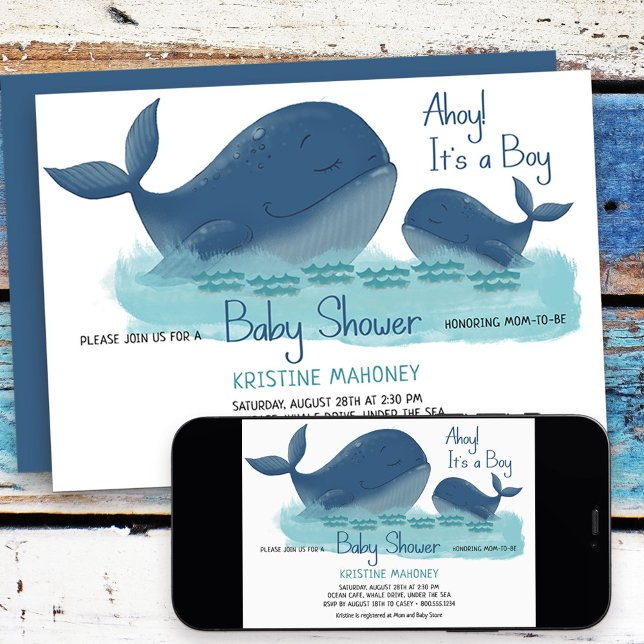 Invitation Happy Whale Ahoy c'est un Baby shower d'aquarelle  (Baby Shower Invitation from my Happy Whale collection. Message if you need different items.)