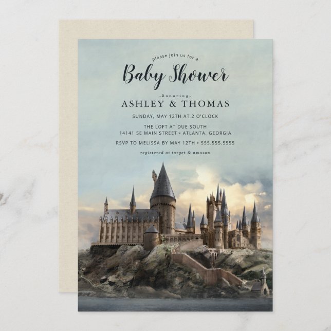 Invitation Harry Potter | Baby shower du château de Hogwarts (Devant / Derrière)