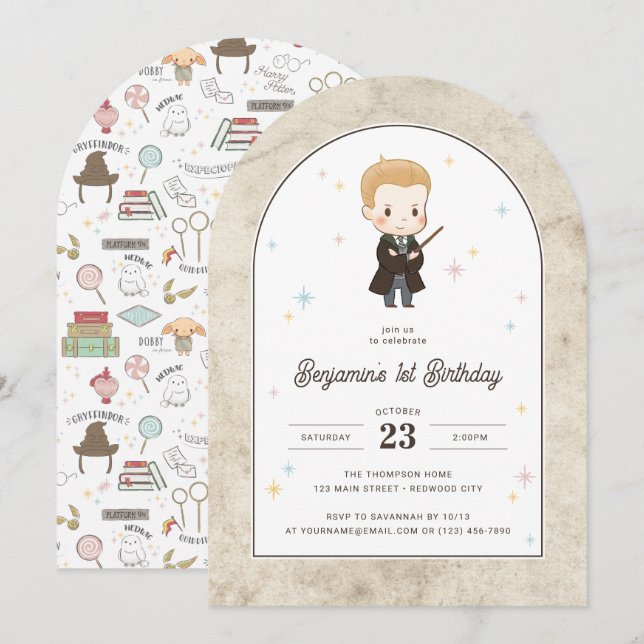 Invitation Harry Potter | Chibi Draco Malfoy Wizard Birthday  (Devant / Derrière)
